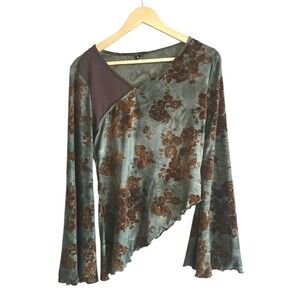 Y2K Asymmetrical Hem Velvet Burnout Green Floral Top Bell Sleeve Whimsigoth M